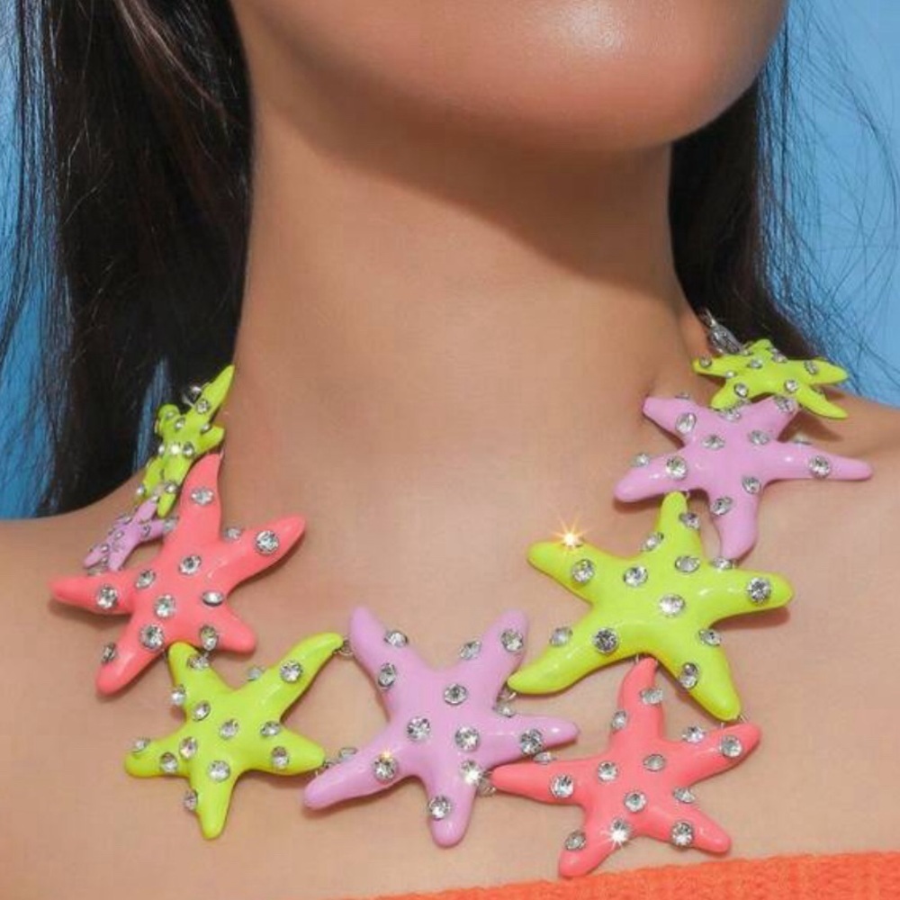 Colorful Rhinestone Large Starfish Necklace - Picture 3 of 14